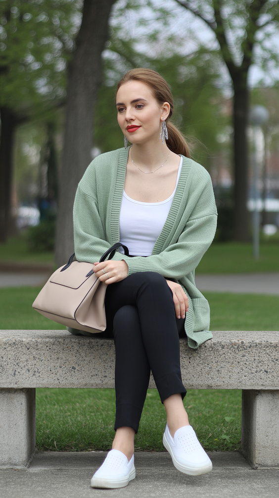 spring mom outfits 2026 Soft Green Layers with Effortless Comfort