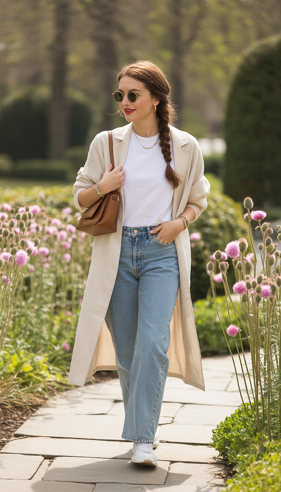 spring mom outfits 2026 Light Trench and Denim for Fresh Spring Walks