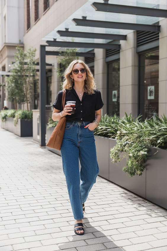 spring mom outfits 2026 Black Top and Relaxed Denim for Everyday Movement
