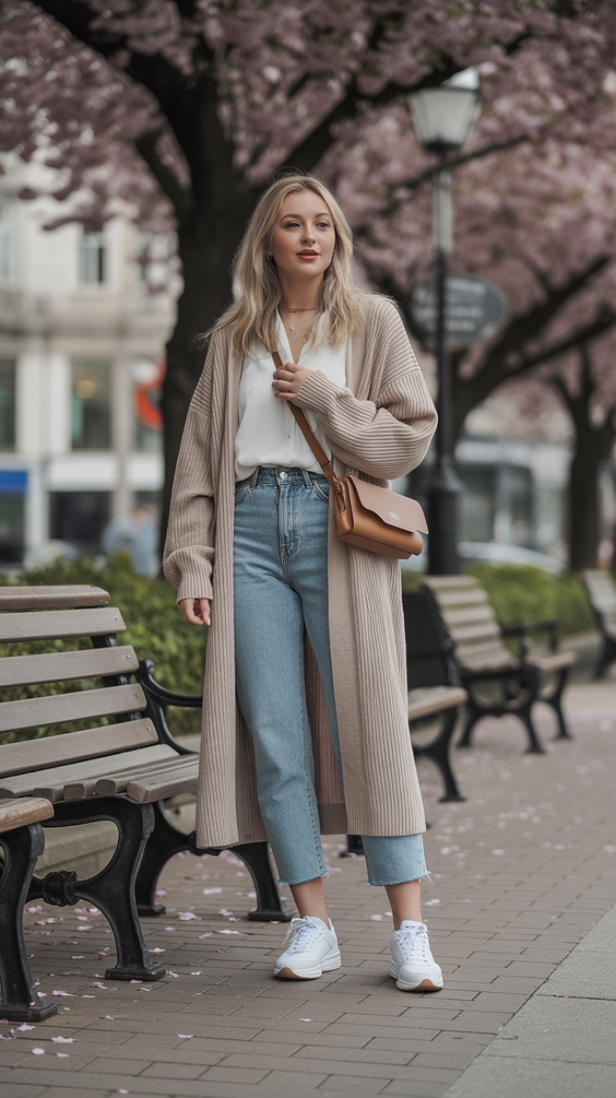 spring mom outfits 2026 Long Neutral Cardigan with Denim Balance