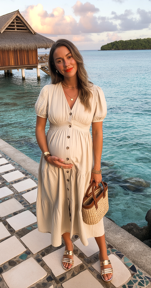 trendy spring outfit for pregnant women 2026 Soft Coastal Romance for Spring Getaways