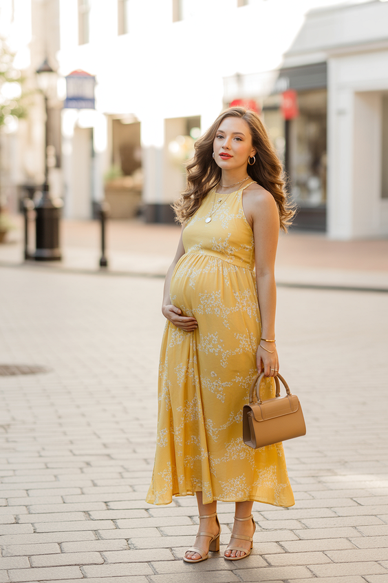 trendy spring outfit for pregnant women 2026 Sunlit Yellow Maxi with Soft Romantic Flow