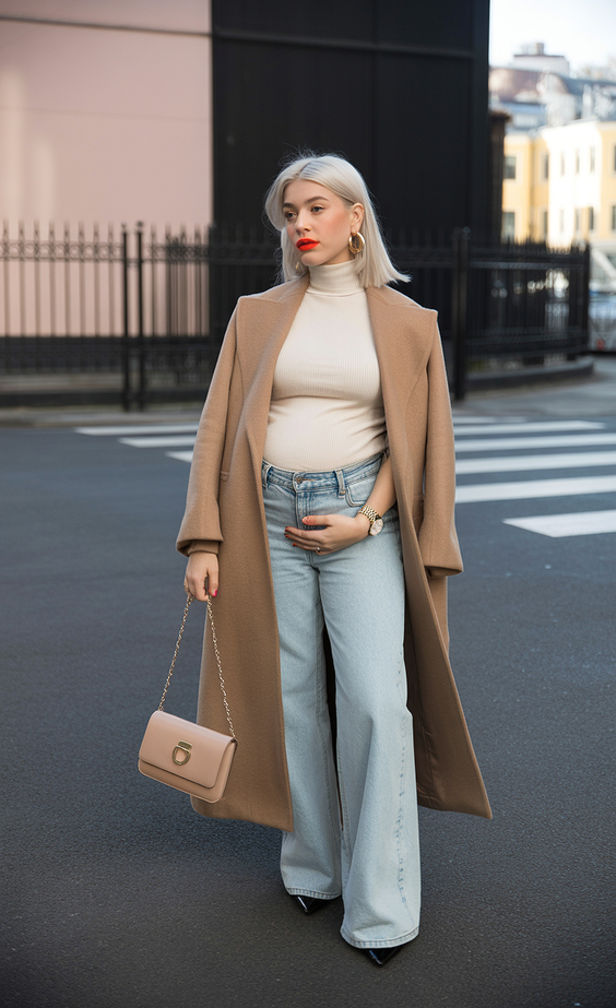 trendy spring outfit for pregnant women 2026 Urban Neutrals with a Cozy Spring Coat