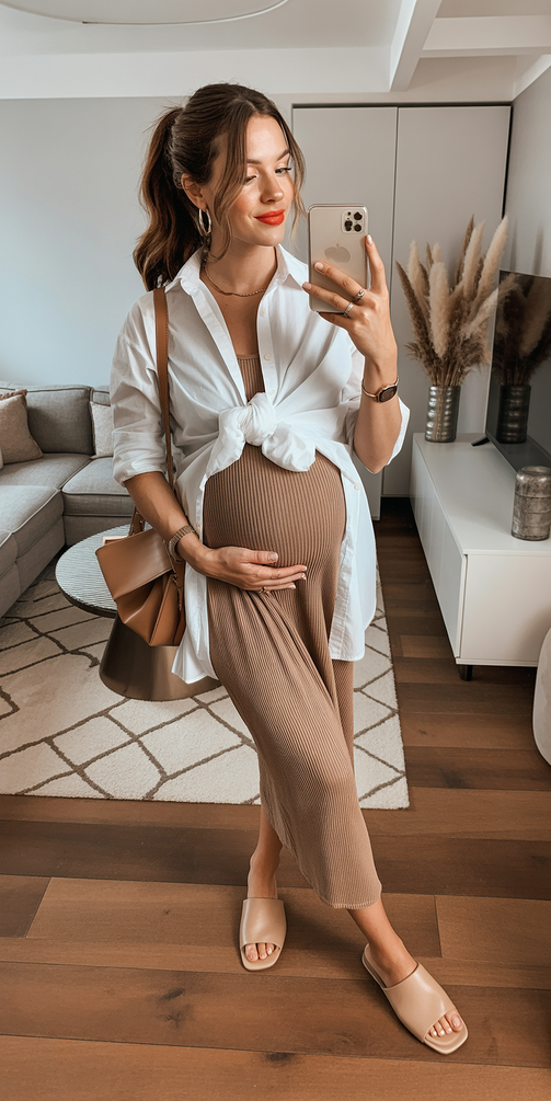 trendy spring outfit for pregnant women 2026 Soft Lounge Elegance with a Knotted Shirt