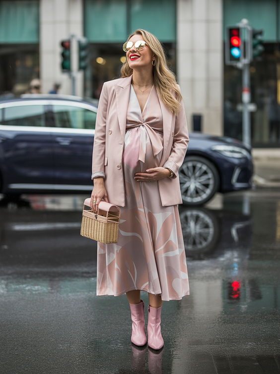 trendy spring outfit for pregnant women 2026 Blush Tailoring for Rainy Spring Days