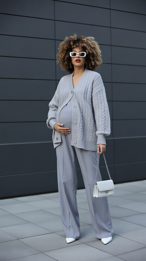 trendy spring outfit for pregnant women 2026 Minimal Knit Power with Tailored Trousers