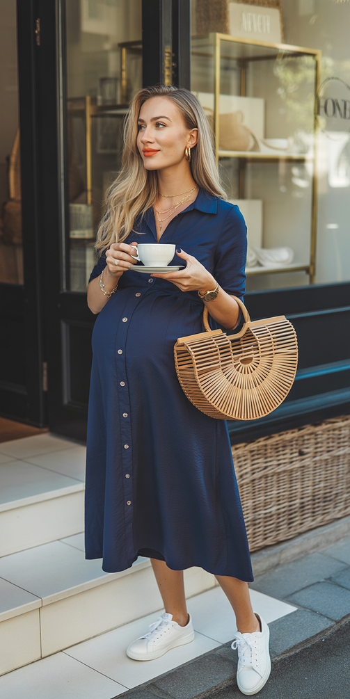 trendy spring outfit for pregnant women 2026 Effortless Café Chic with a Shirt Dress