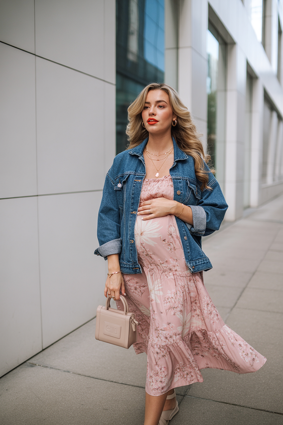 trendy spring outfit for pregnant women 2026 Romantic Florals with Denim Balance