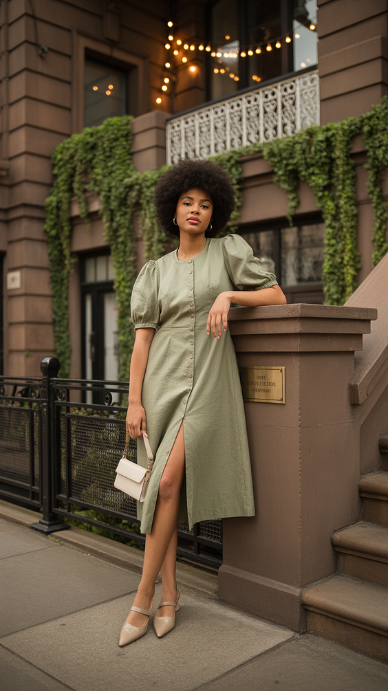 spring outfits trends 2026 Soft Green Dresses and Modest Silhouettes