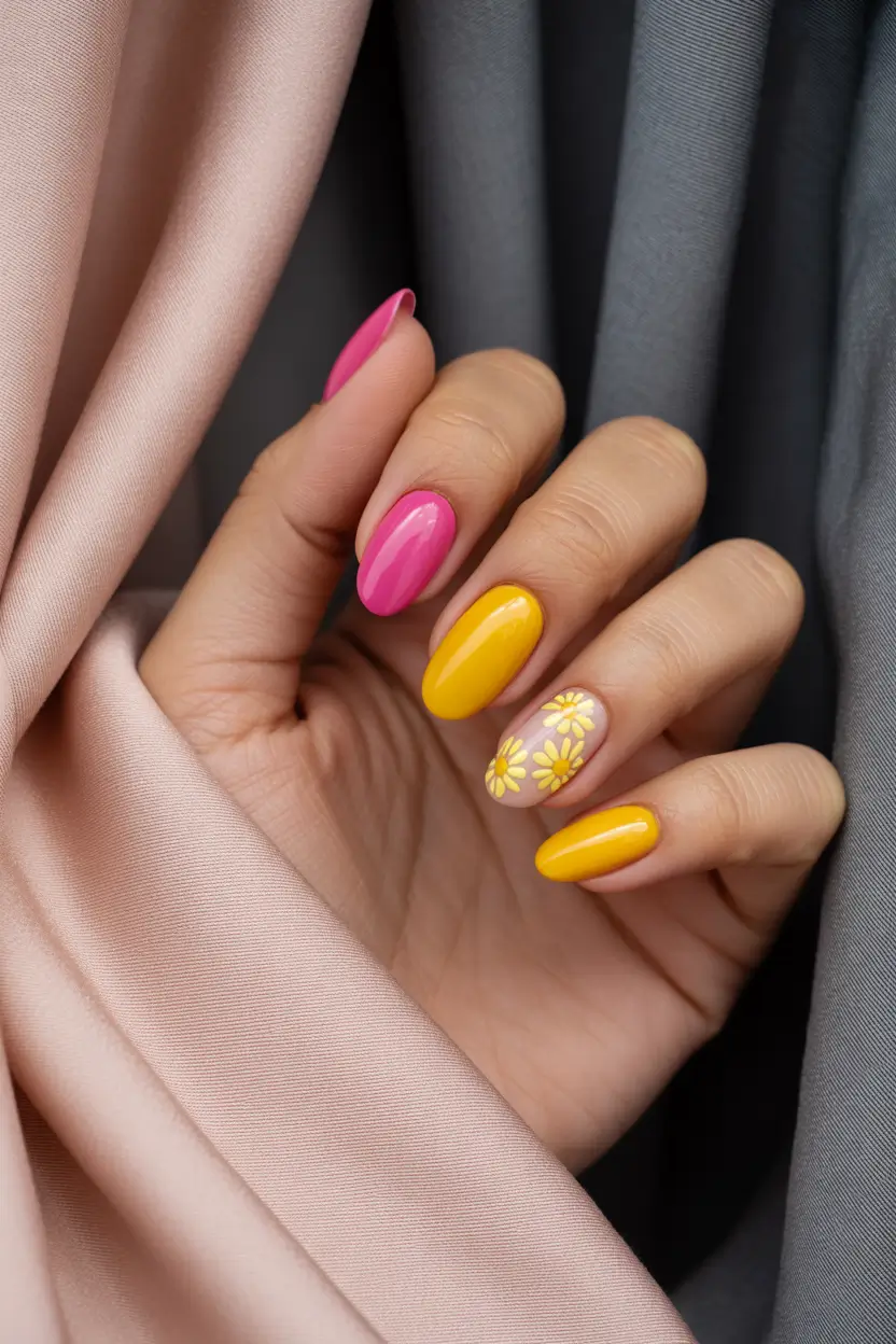 best colorful spring nails 2026 pink and yellow daisy almond