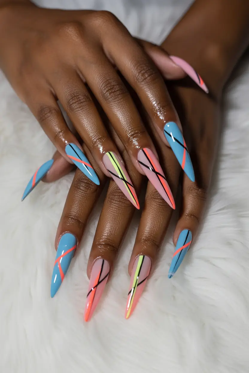 best colorful spring nails 2026 electric pastel stiletto 11