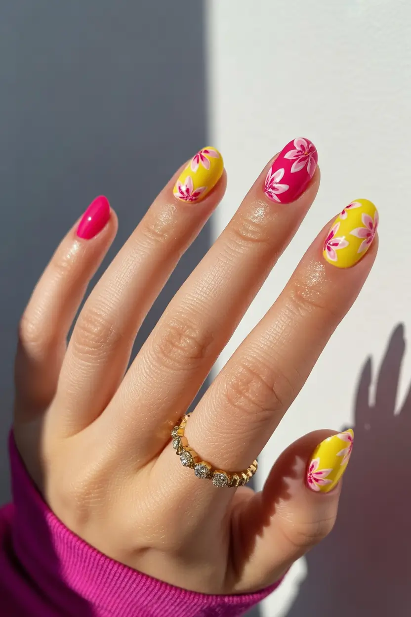 best colorful spring nails 2026 pink yellow floral short 17