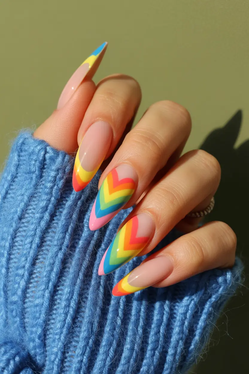 best colorful spring nails 2026 rainbow chevron coffin