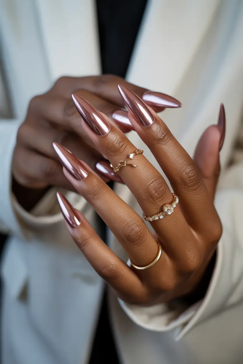 best cool spring nails in 2026 rose gold chrome stiletto power 12