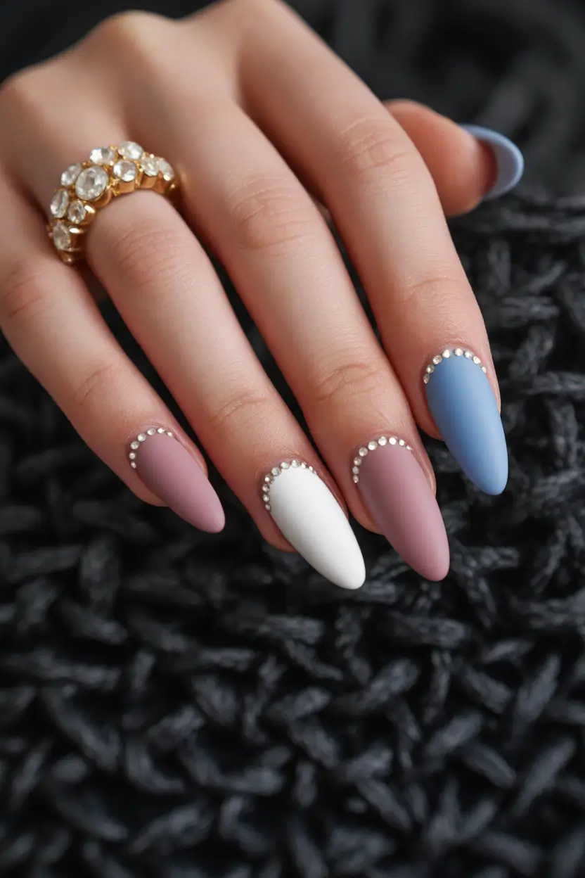 best cool spring nails in 2026 soft matte blue and purple crystal frame 13