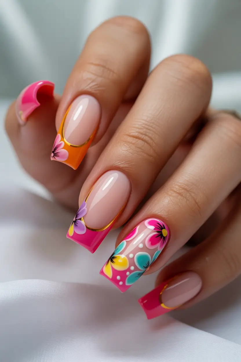 best cool spring nails in 2026 hot pink and orange french with graphic florals 17