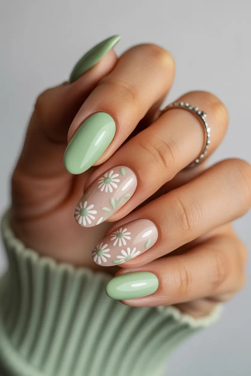 best cool spring nails in 2026 fresh green daisy garden 20