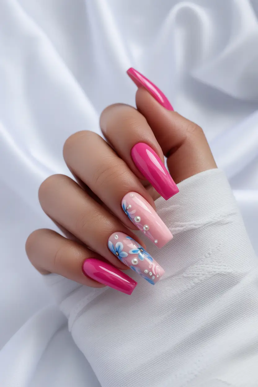 best cool spring nails in 2026 glossy pink bloom with pearl detail