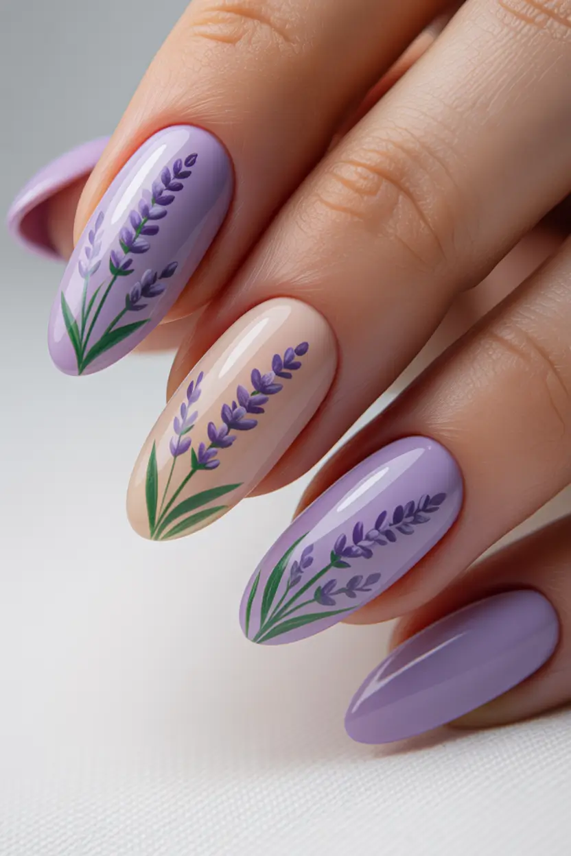 best cute spring nails 2026 Lavender Botanical Almond Elegance