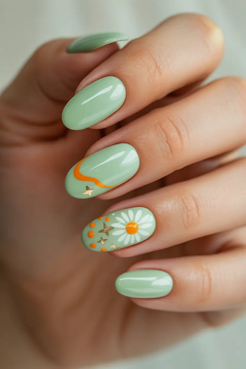 best cute spring nails 2026 Mint Green with Orange Daisy Pop