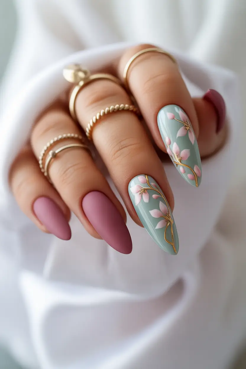 best cute spring nails 2026 Muted Rose and Sage Blossom Detail