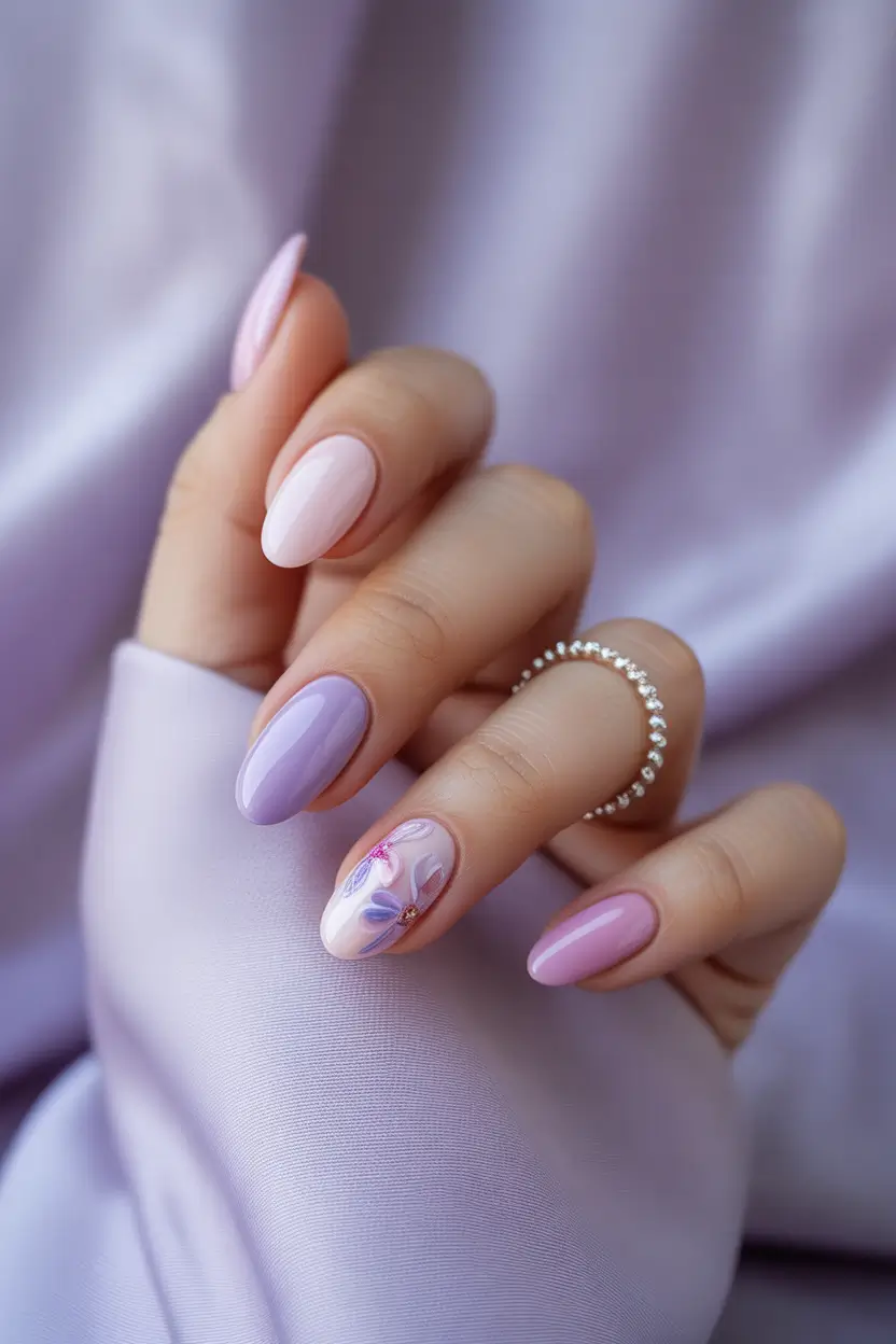 best cute spring nails 2026 Pastel Lavender and Blush Almond Blend