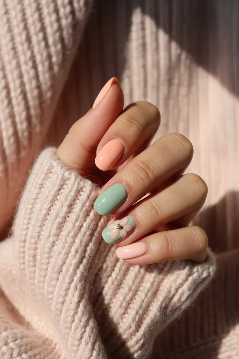 best cute spring nails 2026 Peach and Mint Floral Minimalism