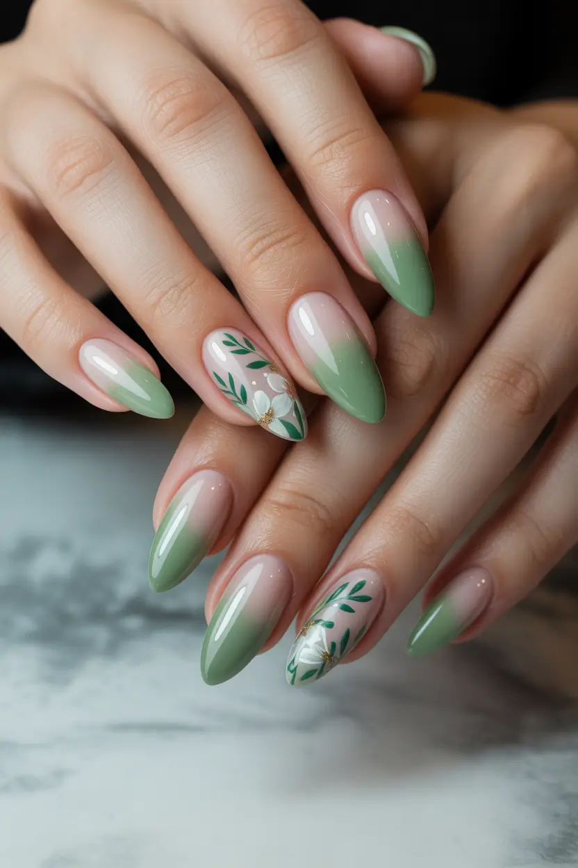 best cute spring nails 2026 Soft Green Ombre with Botanical Accents