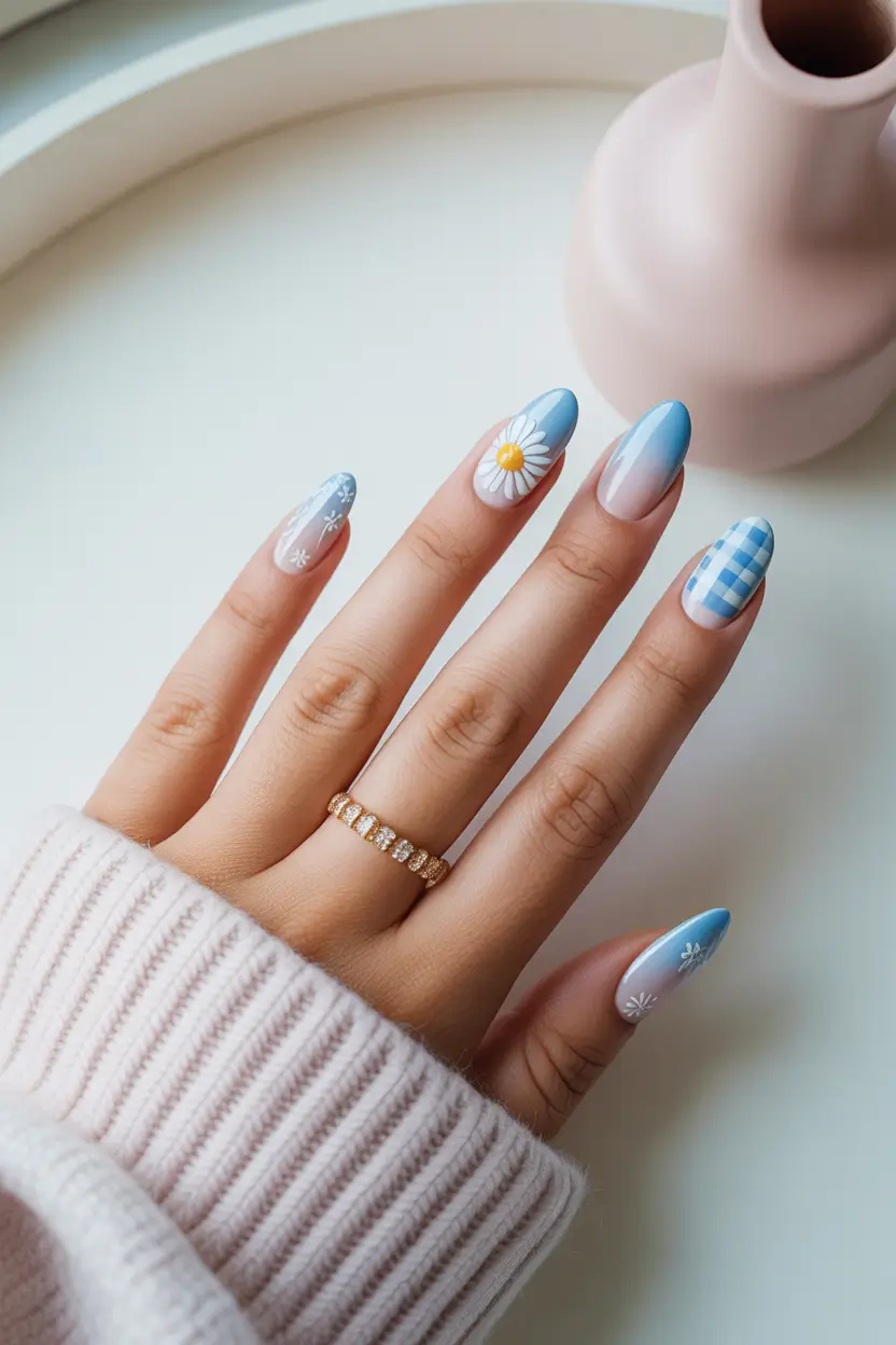best cute spring nails 2026 Blue Daisy and Gingham Spring Mix