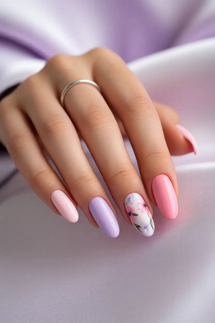 best cute spring nails 2026 Pastel Trio with Soft Floral Accent