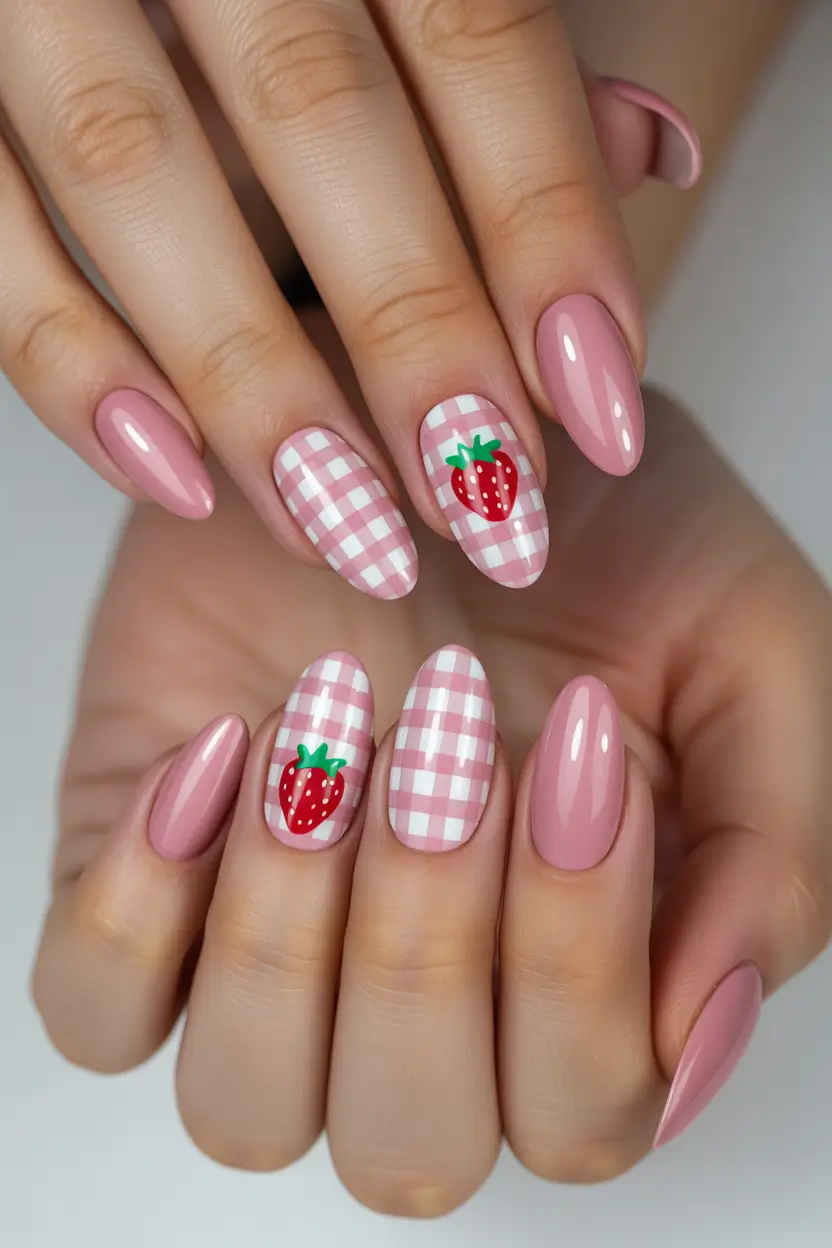 best cute spring nails 2026 Strawberry Gingham Picnic Nails