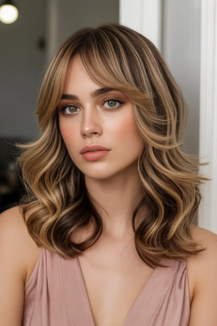 spring shag hairstyle shoulder length shag with caramel contour highlights 12