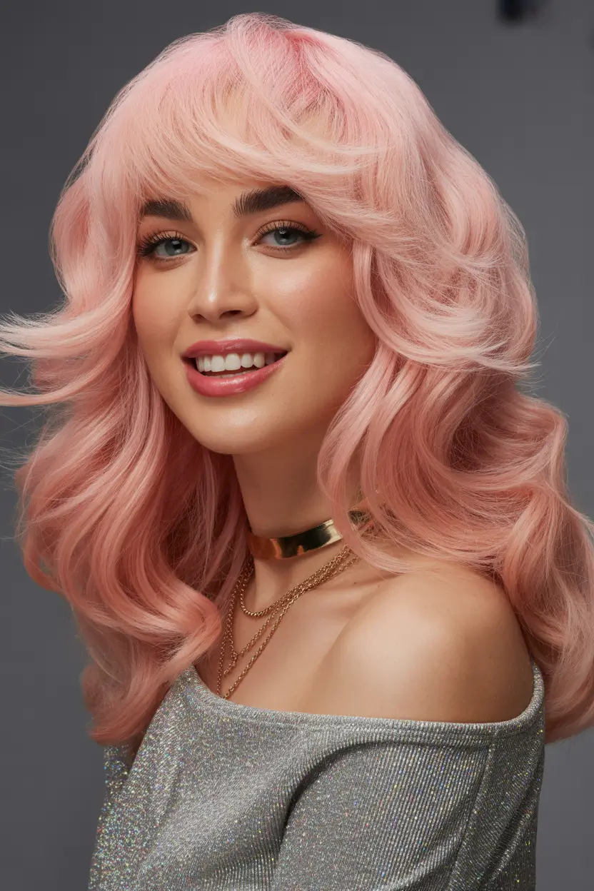 spring shag hairstyle pastel pink voluminous shag with glam waves