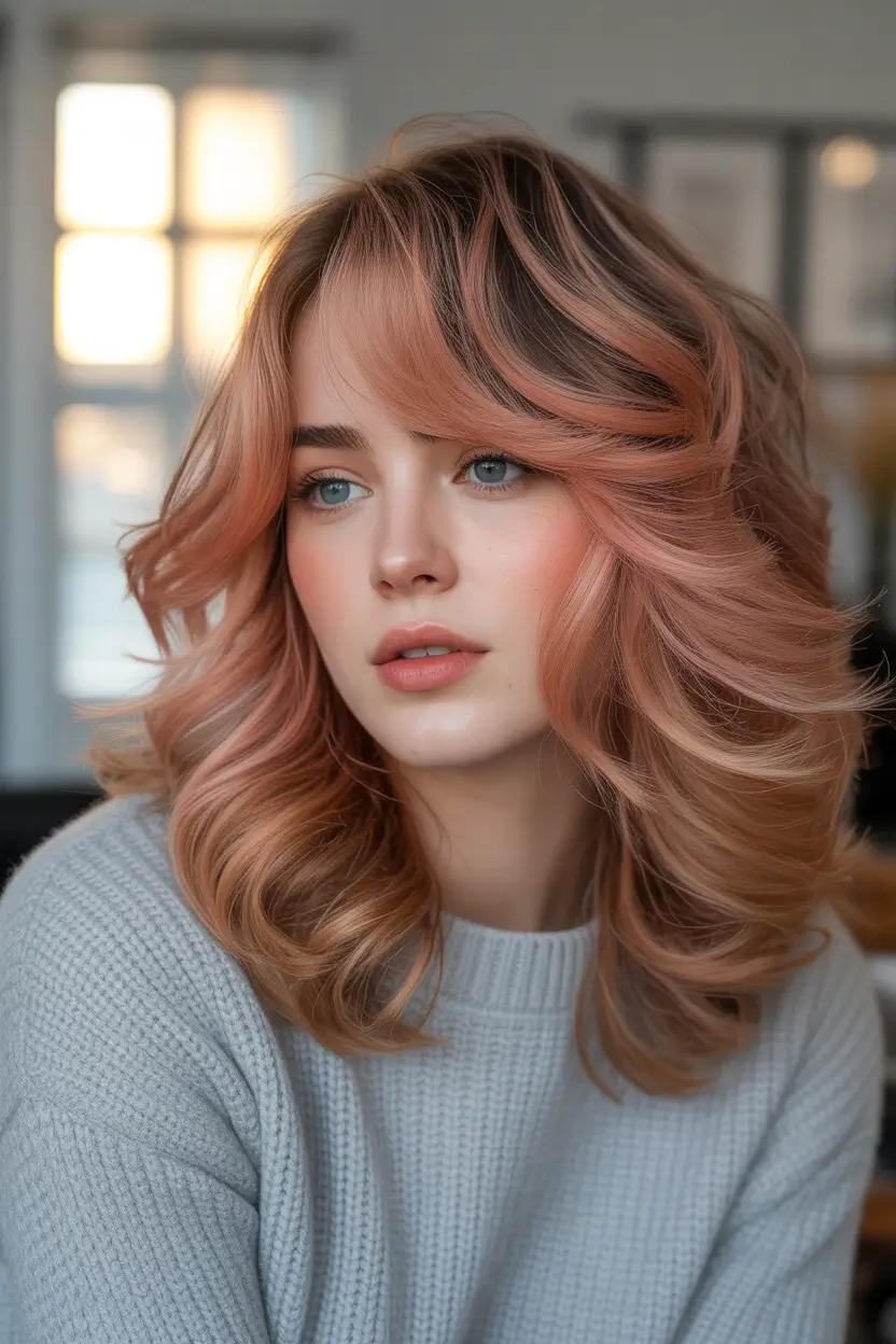 spring shag hairstyle peach copper shag with face framing layers