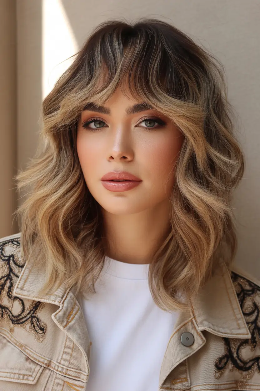 spring shag hairstyle brunette shag with honey highlights