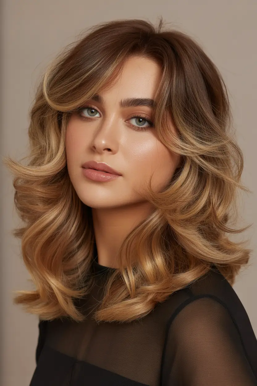 spring shag hairstyle golden caramel cascade with sculpted layers 6
