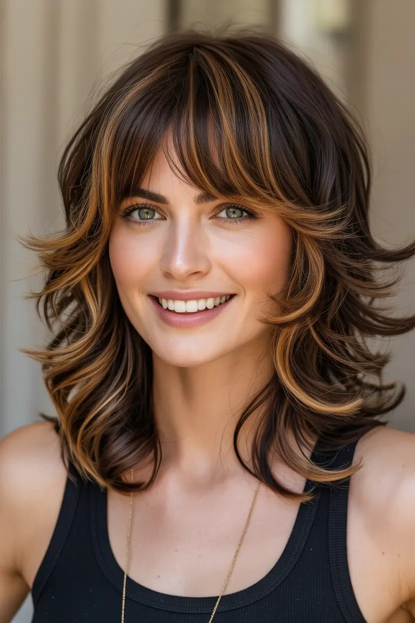 spring shag hairstyle brunette shag with butterscotch ribbons and wispy bangs 7