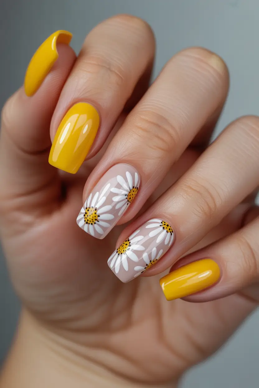 chic classy spring nails 2026 sunny yellow short square with daisy art 10