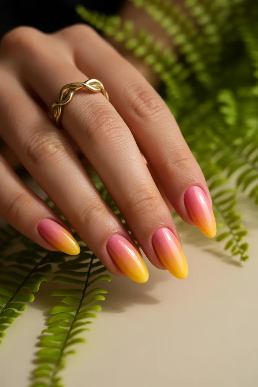 chic classy spring nails 2026 sunset ombre almond in pink and yellow 12