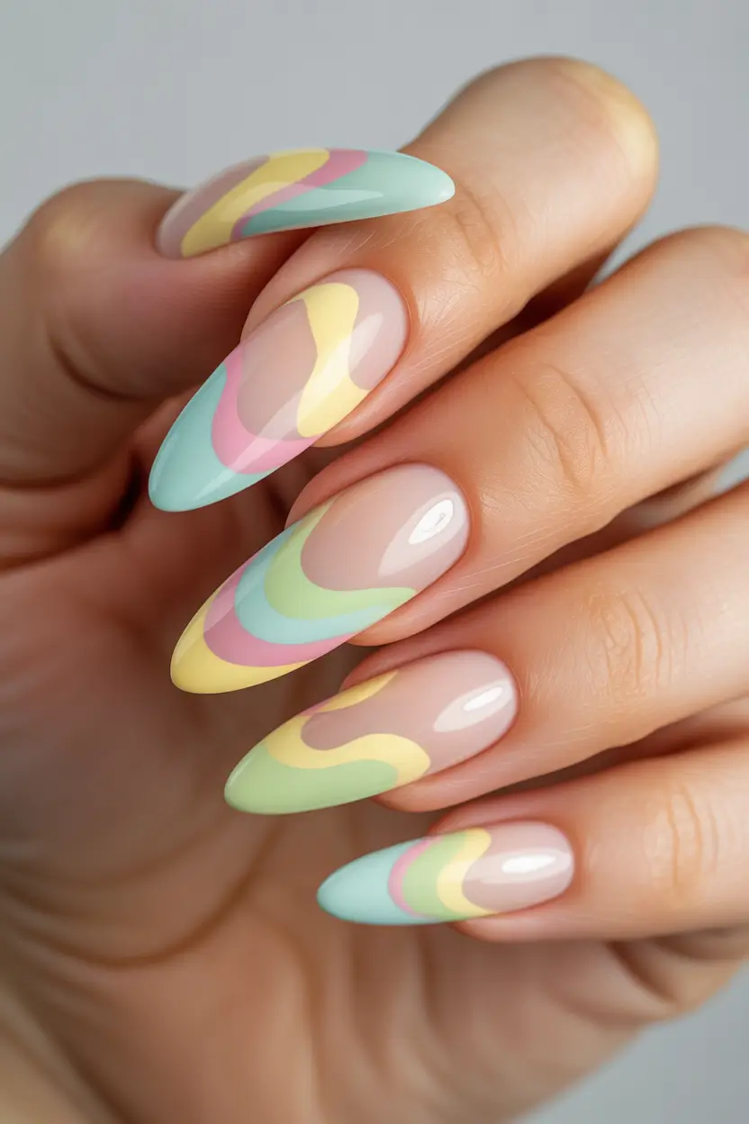 chic classy spring nails 2026 pastel swirl almond art in spring tones 13