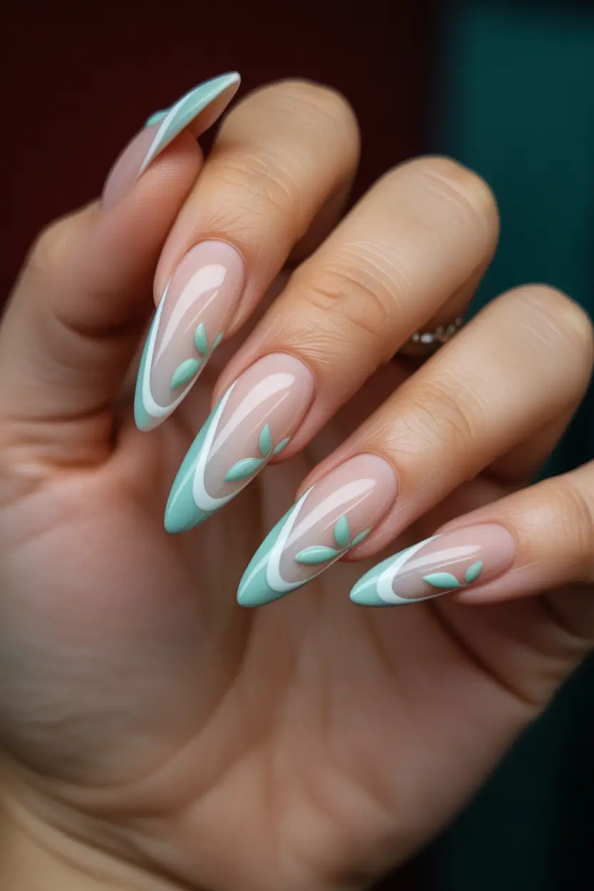 chic classy spring nails 2026 mint french almond with delicate leaf detail 14