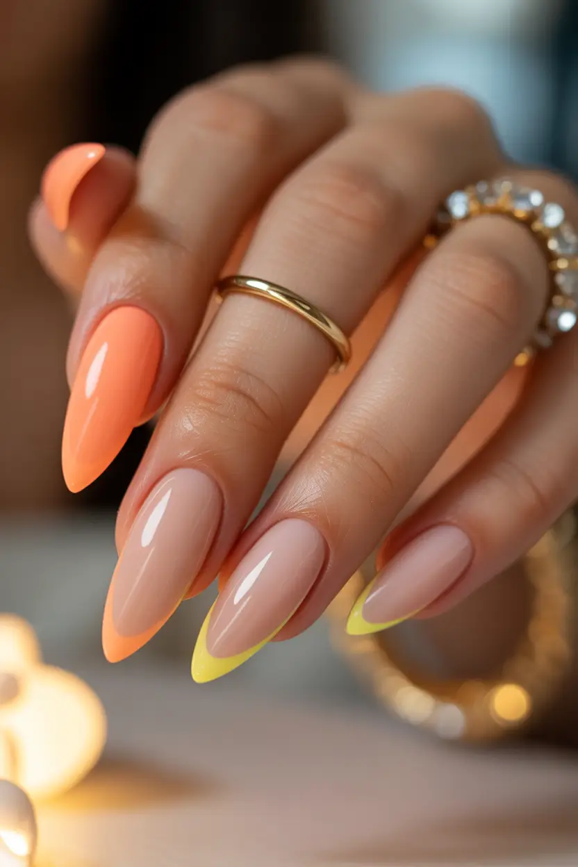 chic classy spring nails 2026 coral and lemon accent almond mix 15