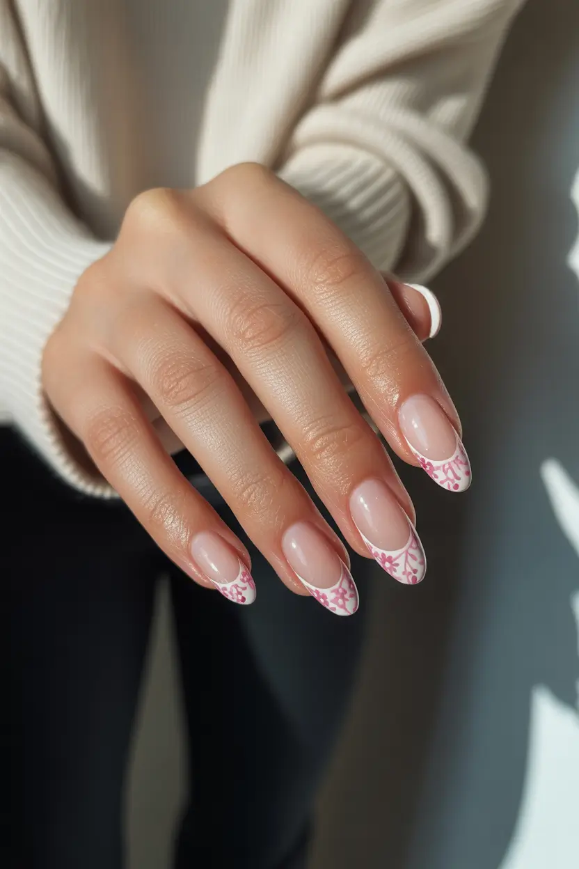 chic classy spring nails 2026 soft pink floral french almond 17