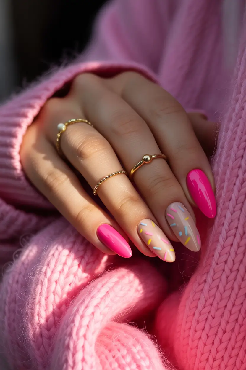 chic classy spring nails 2026 playful pink almond with confetti detail