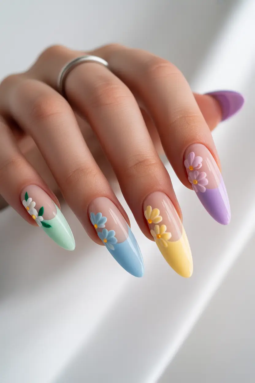 chic classy spring nails 2026 pastel almond french with daisy accents 20