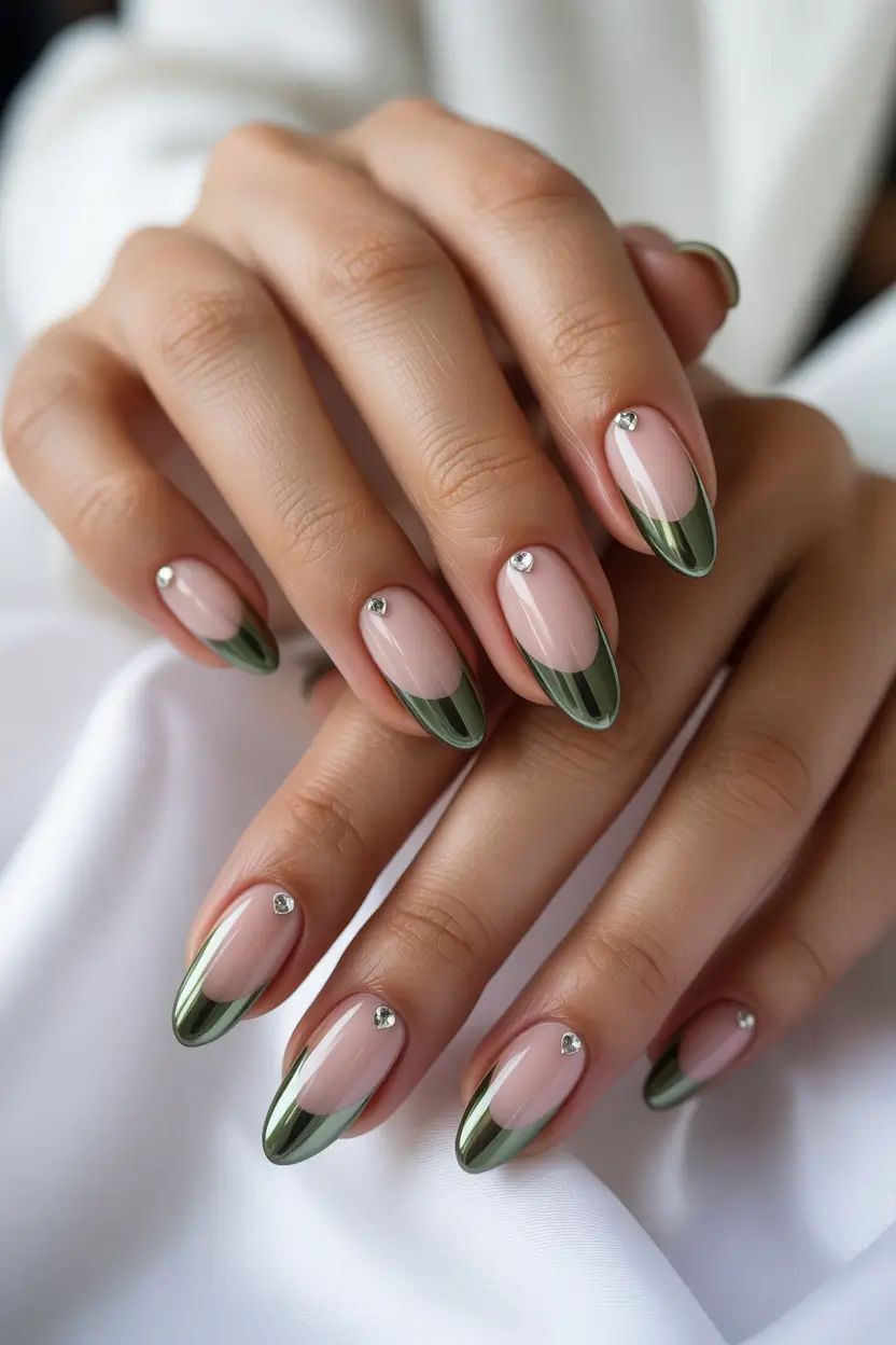 chic classy spring nails 2026 deep green french with crystal accents