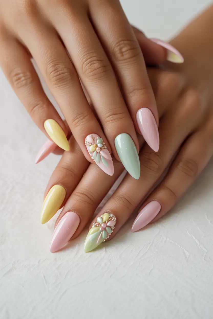chic classy spring nails 2026 pastel almond mix with floral accent art