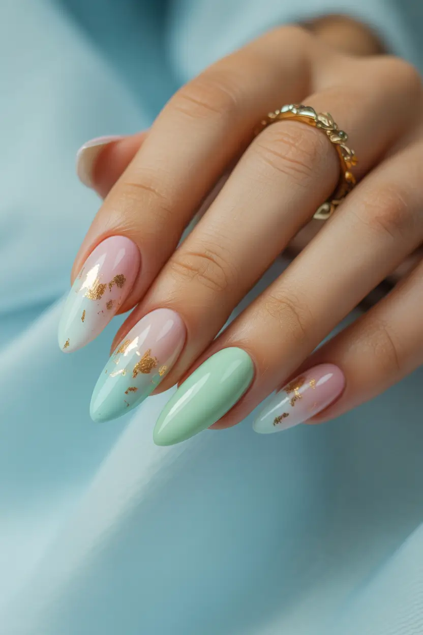 chic classy spring nails 2026 mint and blush almond with gold foil accent 7