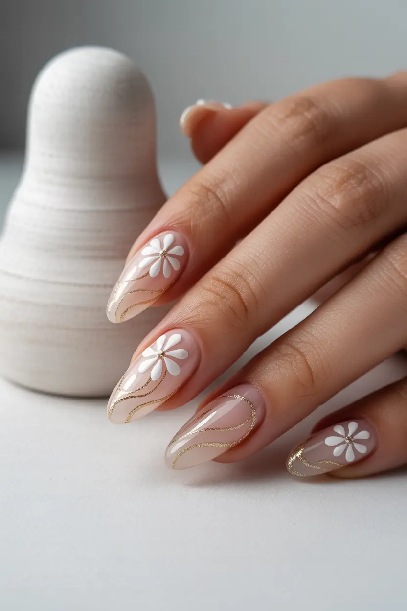 chic classy spring nails 2026 sheer almond with white floral and gold waves 8