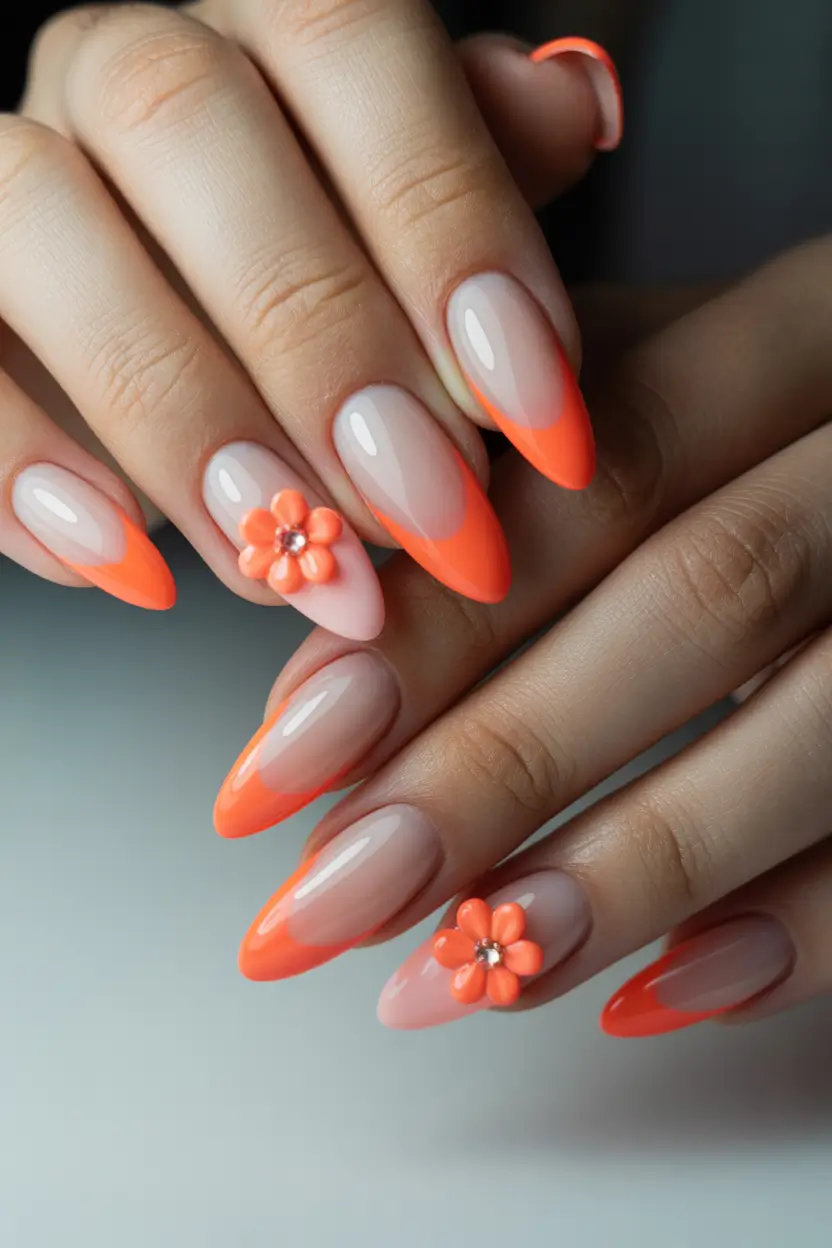 chic classy spring nails 2026 neon coral almond french with 3d flower 9